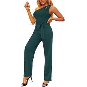 One Shoulder Cutout Sleeveless High Waist Belted Wide Leg Jumpsuit NWOT